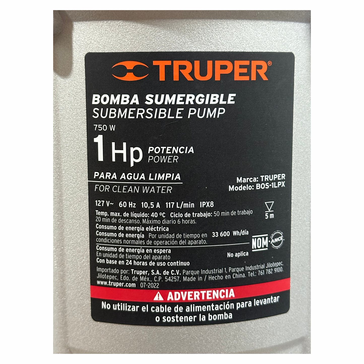 Bomba Sumergible Truper 1 HP para Agua Limpia 100171