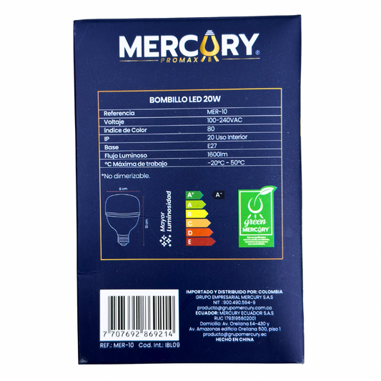 Bombilla LED 20W luz blanca 6500K E27 Mercury Promax alta potencia