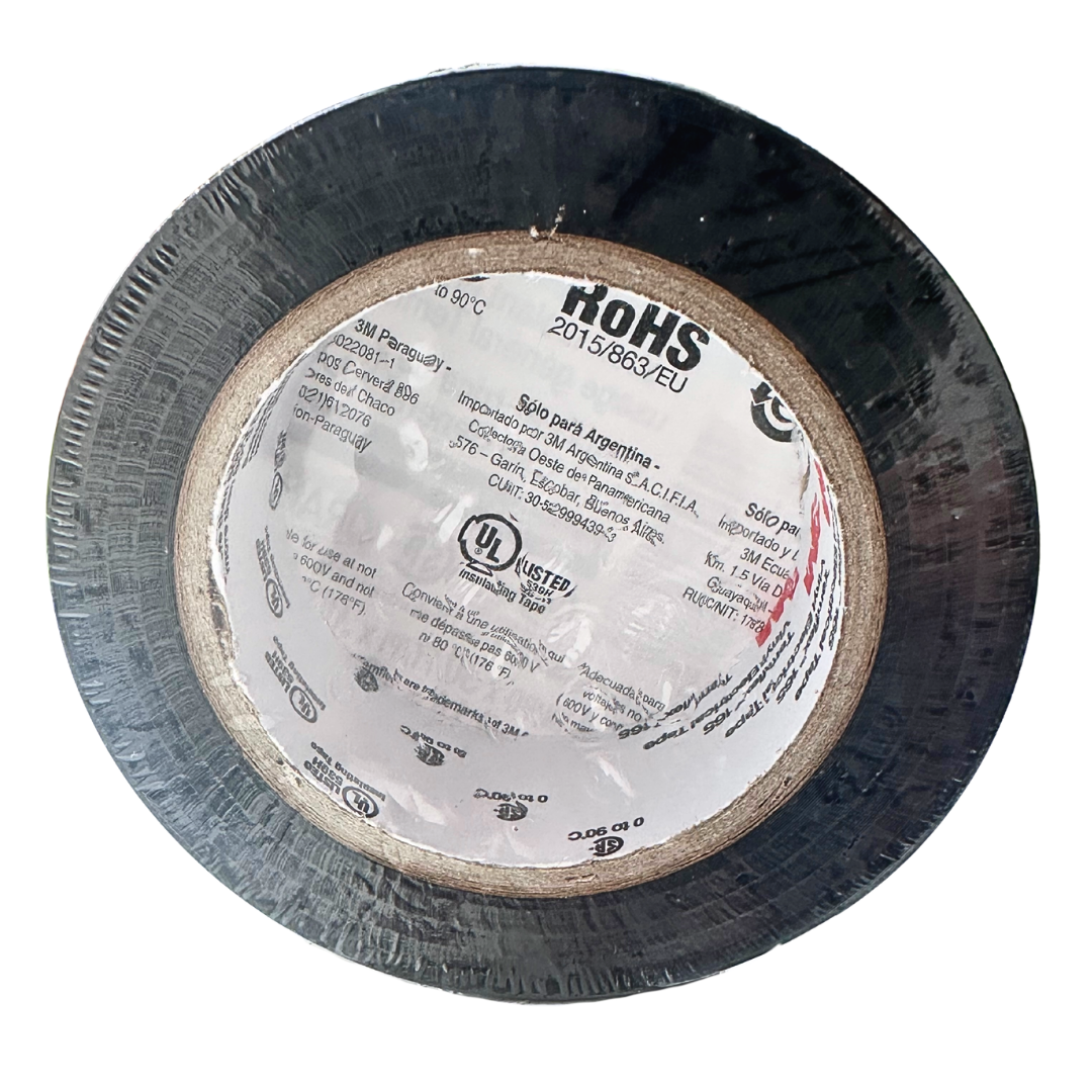 Vista frontal de un rollo de cinta aislante de PVC 3M Temflex 165 negra de 19 mm × 9.14 m, con etiqueta visible y fondo blanco.