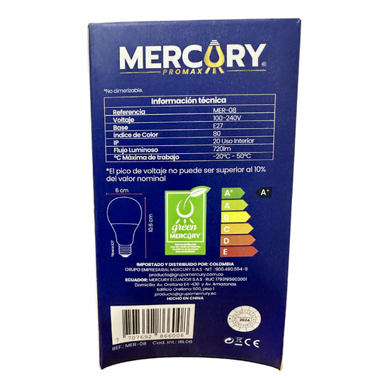 Bombillo LED 9W luz blanca E27 Mercury Promax ahorro de energía