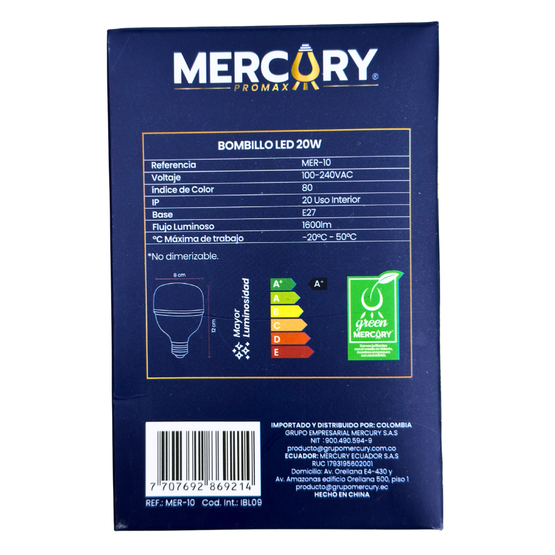 Bombilla LED 20W luz blanca 6500K E27 Mercury Promax alta potencia