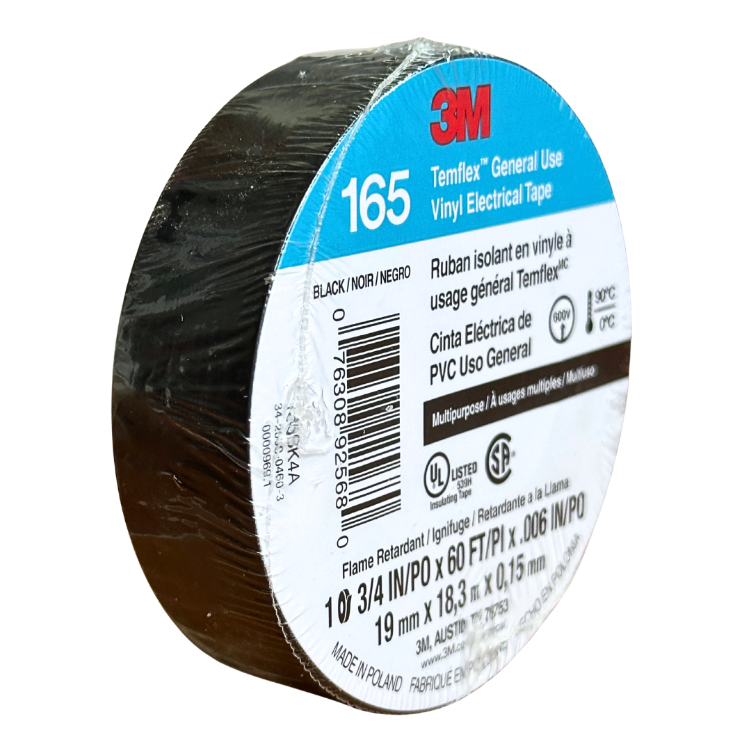 Cinta aislante de PVC 3M Temflex 165 negra de 19 mm × 18.3 m, con etiqueta visible y fondo blanco.