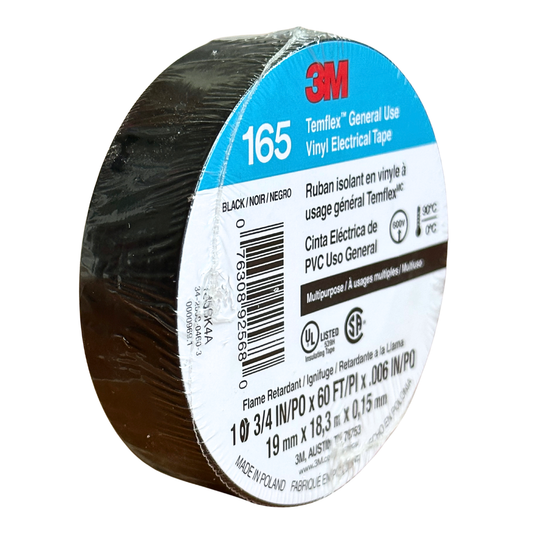 Cinta aislante de PVC 3M Temflex 165 negra de 19 mm × 18.3 m, con etiqueta visible y fondo blanco.