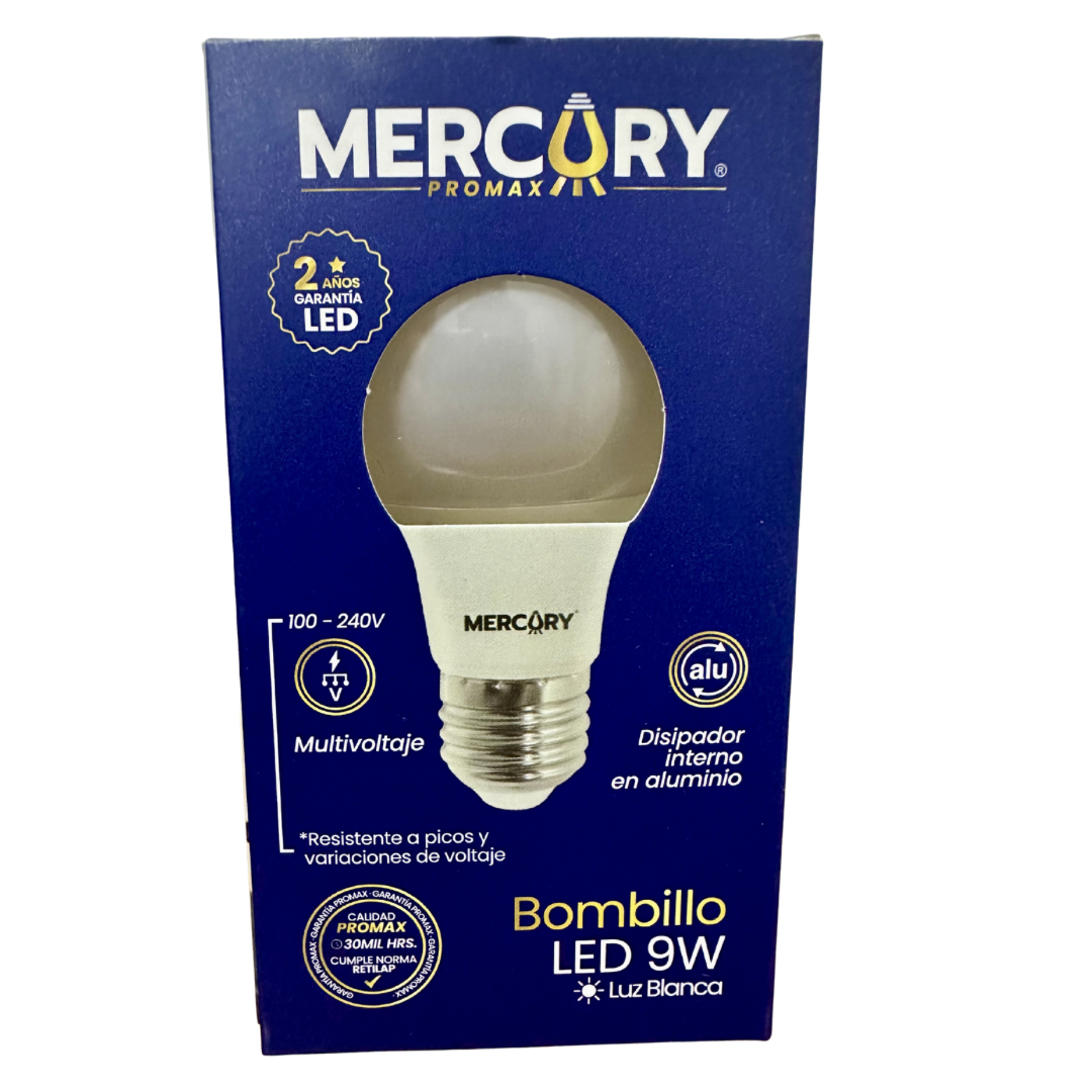 Bombillo LED 9W luz blanca E27 Mercury Promax ahorro de energía