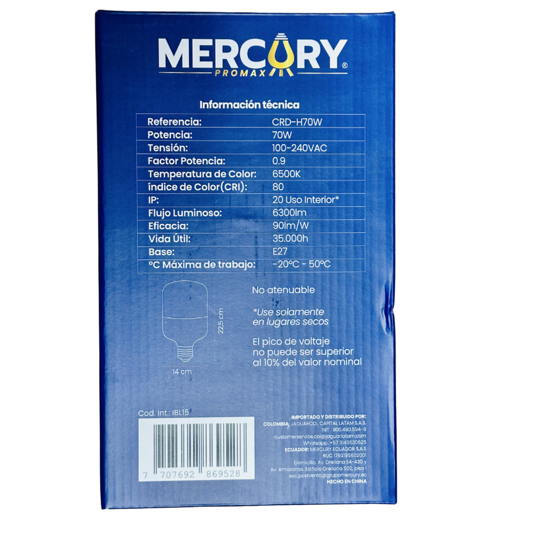 Bombilla LED industrial Mercury Promax 70W luz blanca 6500K base E27 6300 lúmenes