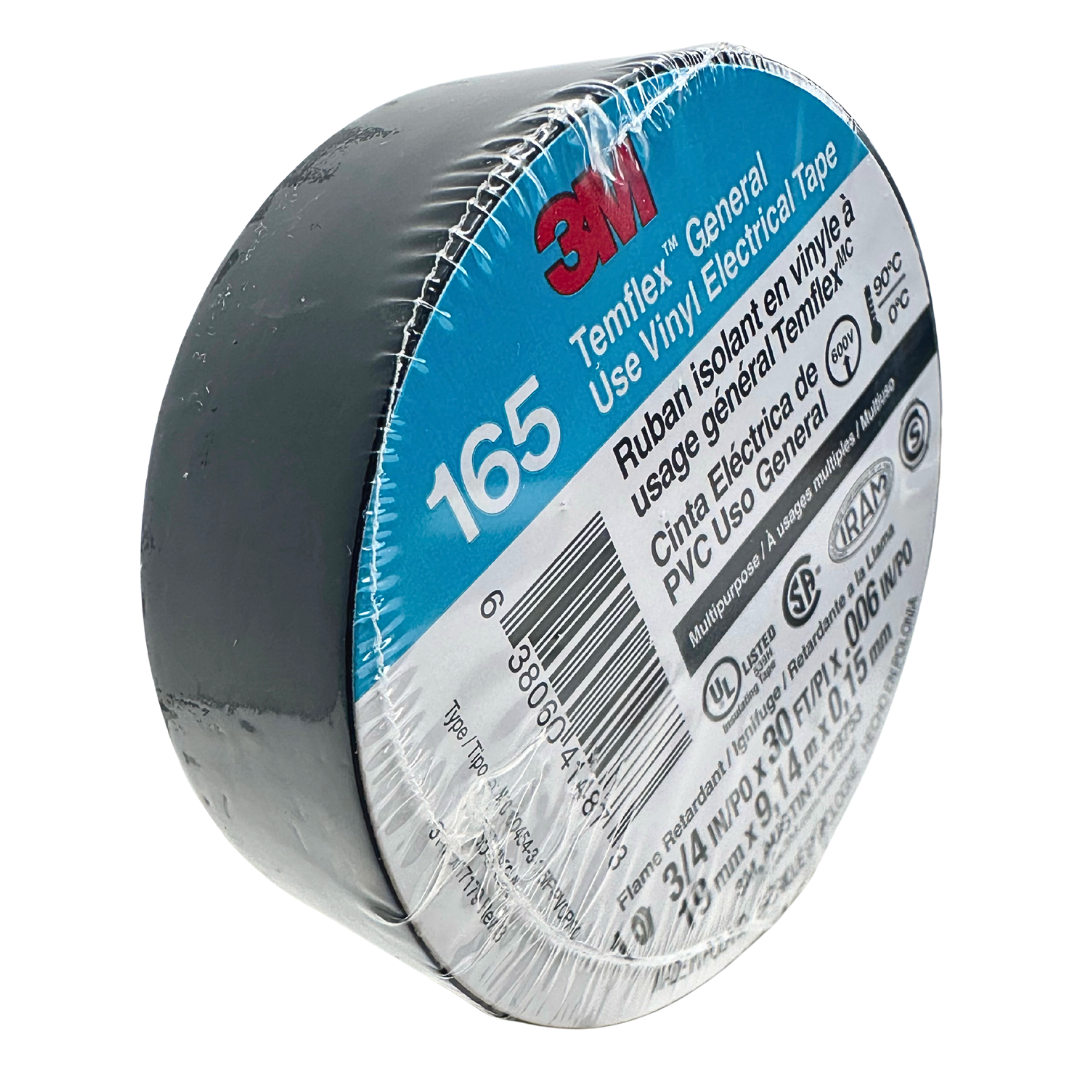 Vista frontal de un rollo de cinta aislante de PVC 3M Temflex 165 negra de 19 mm × 9.14 m, con etiqueta visible y fondo blanco.