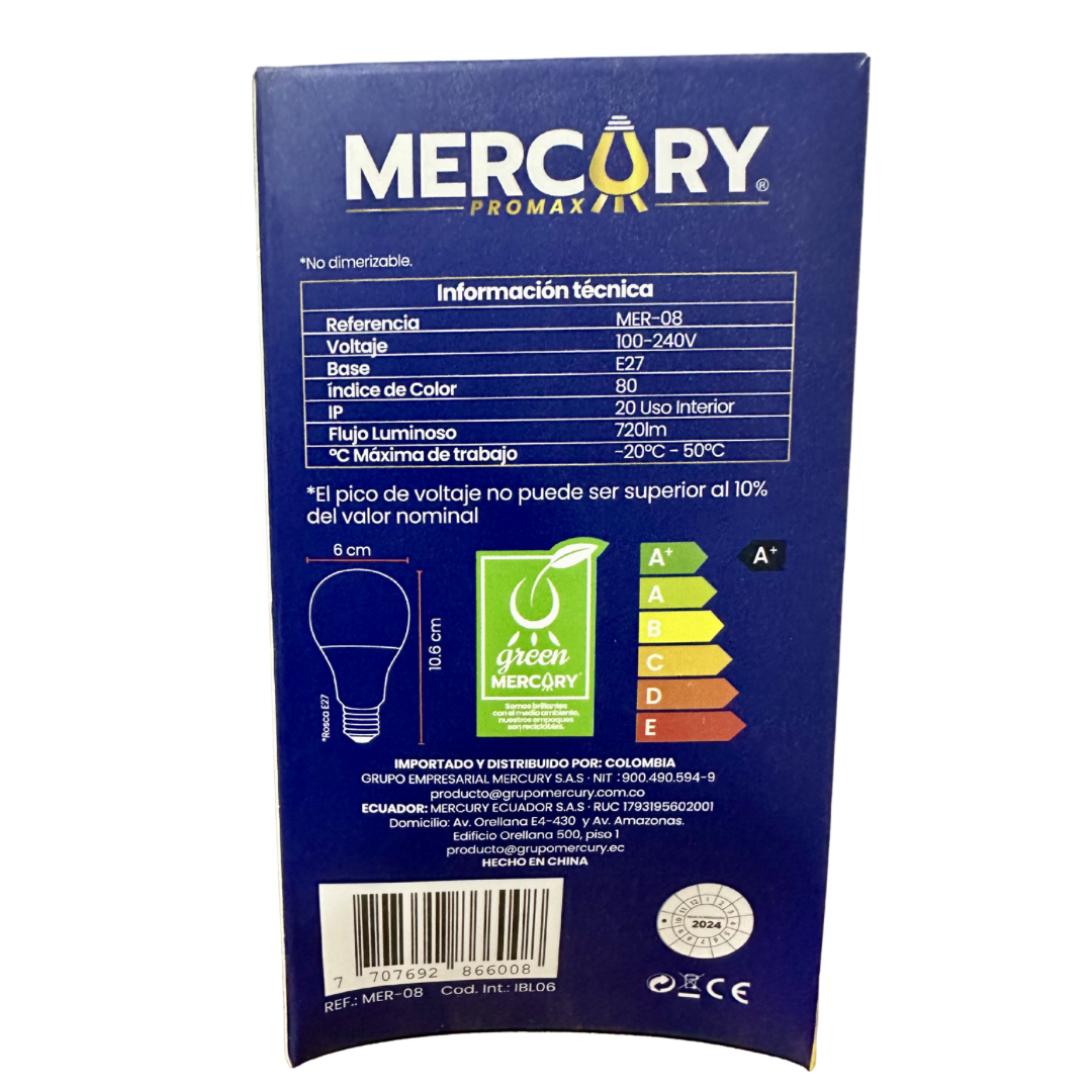 Bombillo LED 9W luz blanca E27 Mercury Promax ahorro de energía