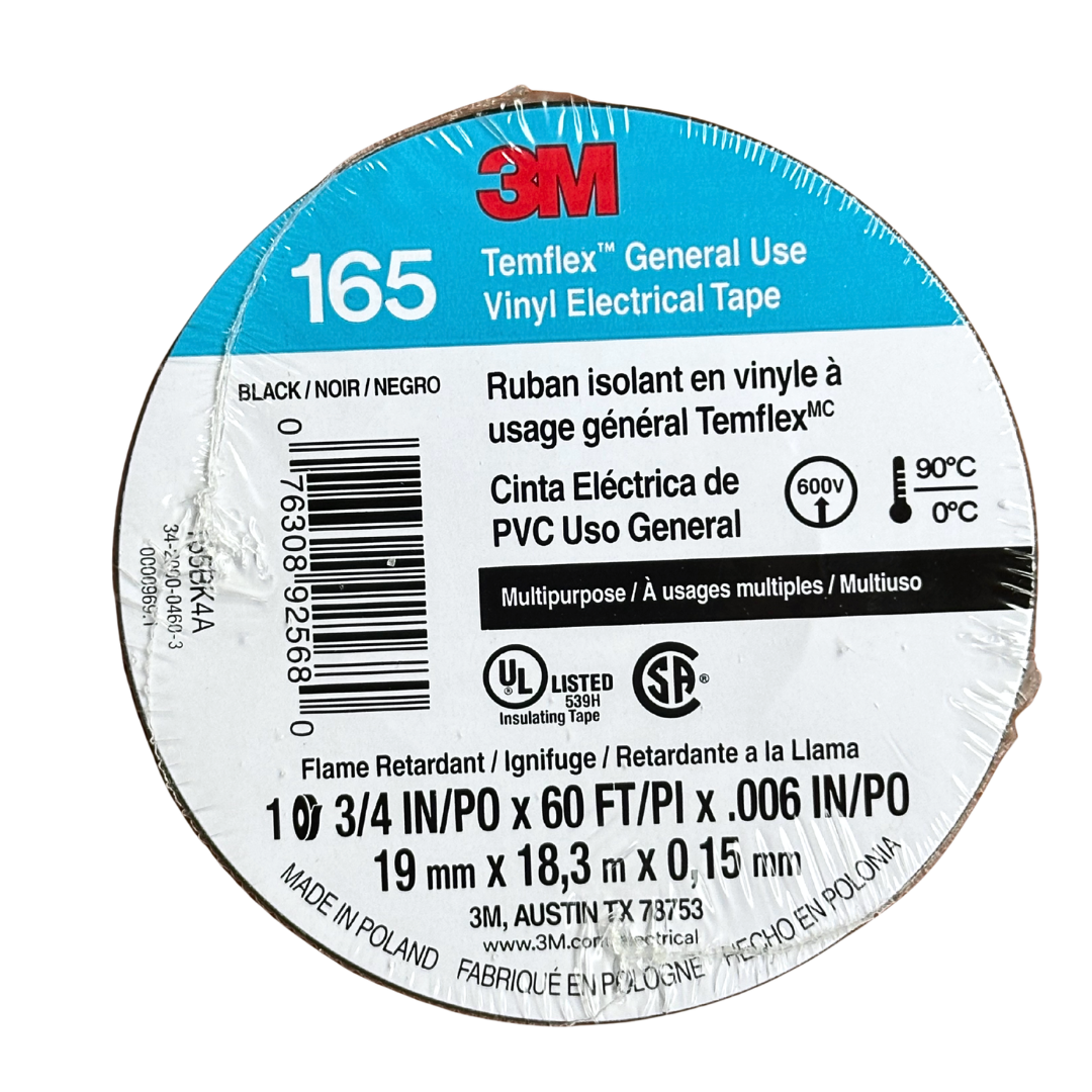 Cinta aislante de PVC 3M Temflex 165 negra de 19 mm × 18.3 m, con etiqueta visible y fondo blanco.