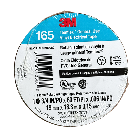 Cinta aislante de PVC 3M Temflex 165 negra de 19 mm × 18.3 m, con etiqueta visible y fondo blanco.